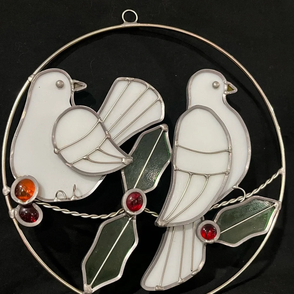 Elegant White and Green Stained Glass Bird Ornament
